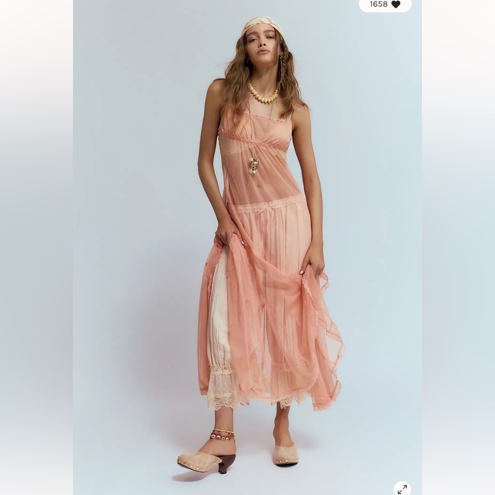 Intimately Free People Madeline Mesh Lace Godet Sheer Maxi Slip Dress S